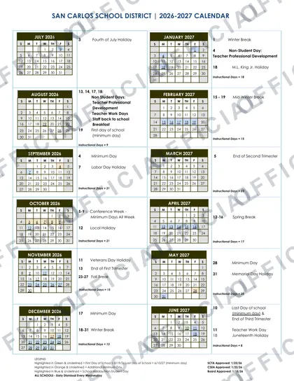 San Carlos School District 2026-27 calendar