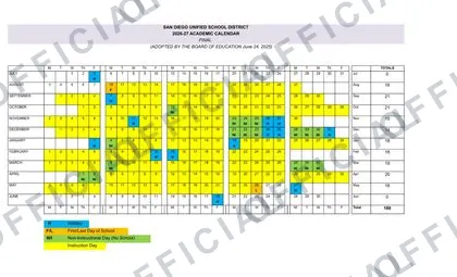 San Diego Unified school district 26 27 2026-27 calendar