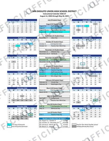San Dieguito Union High SDUHSD 2026-27 calendar