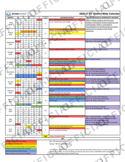 San Francisco Unified SFUSD 2026-27 calendar