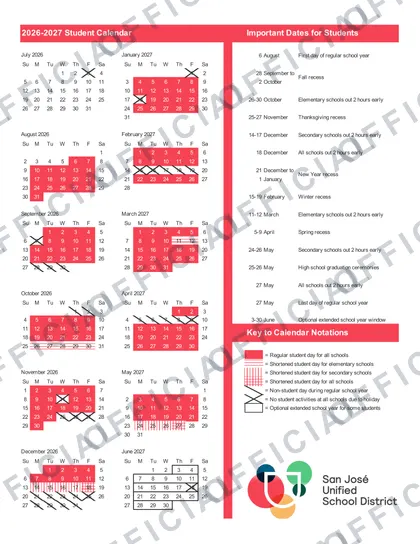 San José Unified School District SJUSD 2026-27 calendar