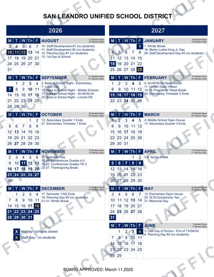 San Leandro Unified School District USD 2026-27 calendar
