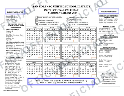 San Lorenzo Unified School District USD 2026-27 calendar