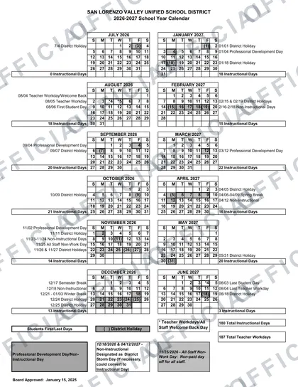 San Lorenzo Valley Unified School District 2026-27 calendar