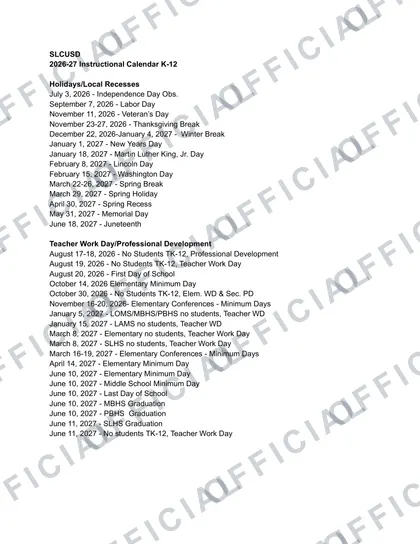 San Luis Coastal Unified School District 2026-27 calendar
