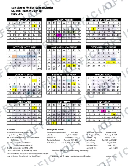 San Marcos Unified School District smusd 2026-27 calendar