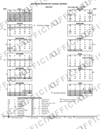 SAN MATEO-FOSTER CITY SCHOOL DISTRICT 2026-27 calendar