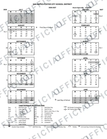 San Mateo-Foster City School District 2026-27 calendar
