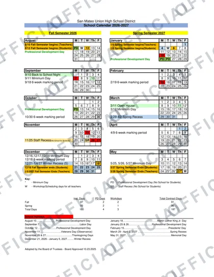San Mateo Union High School District 2026-27 calendar