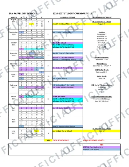 San Rafael City Schools 2026-27 calendar