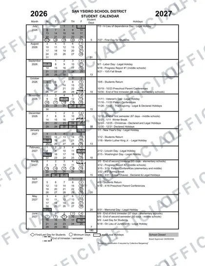 San Ysidro School District 2026-27 calendar