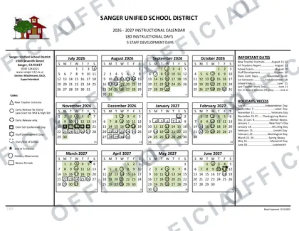Sanger Unified School District 2026-27 calendar