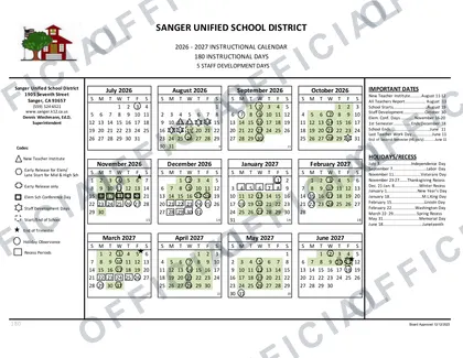 Sanger Unified School District USD 2026-27 calendar