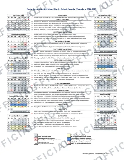 Santa Barbara Unified School District 2026-27 calendar