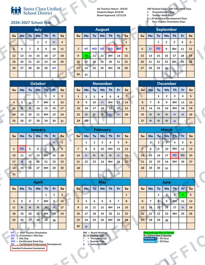Santa Clara USD 2026-27 calendar