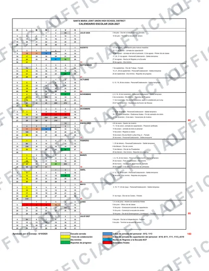 Santa Maria Joint Union High School District 2026-27 calendar