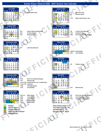 Santee School District 2026-27 calendar