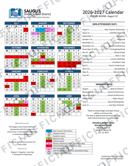 Saugus Union School District USD Calender 2026-27 calendar