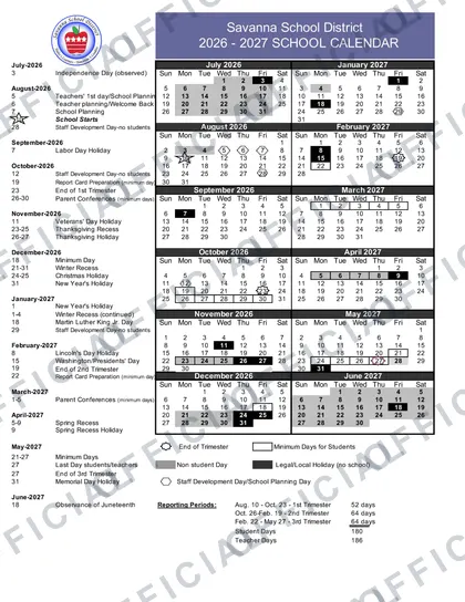 Savanna School District 2026-27 calendar