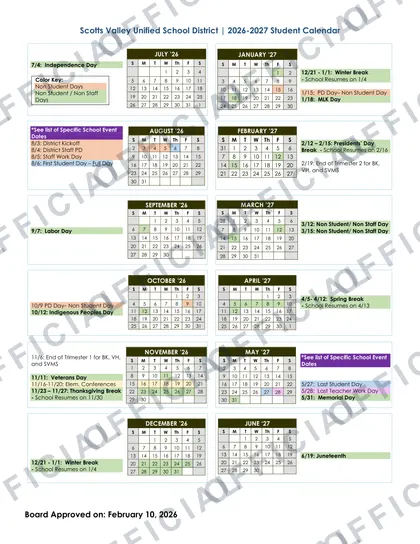 Scotts Valley Unified School District 2026-27 calendar