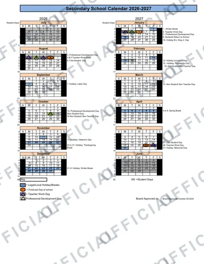 Secondary School 2026-27 calendar
