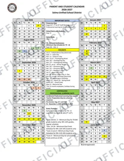 Selma Unified School District USD 2026-27 calendar
