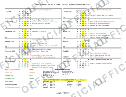 Sierra Sands Unified School District 2026-27 calendar