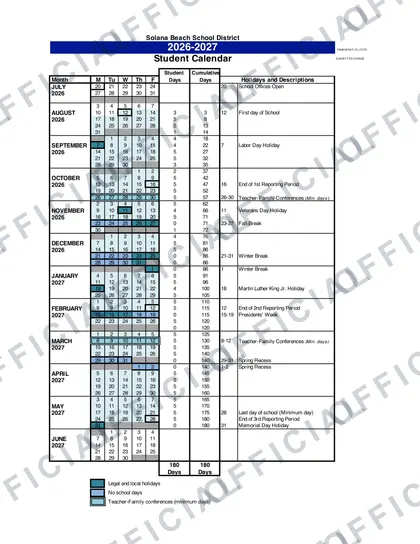 Solana Beach School District 2026-27 calendar