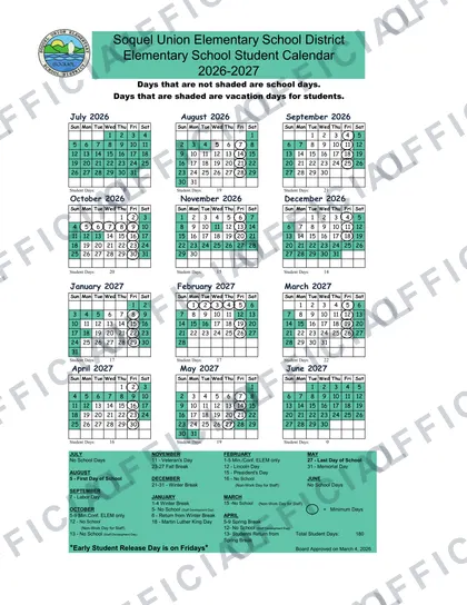 Soquel Union Elementary School District Elementary School Student 2026-27 calendar