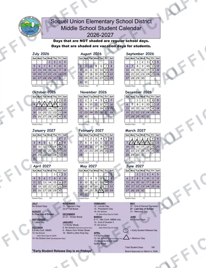 Soquel Union Elementary School District Middle School Student 2026-27 calendar