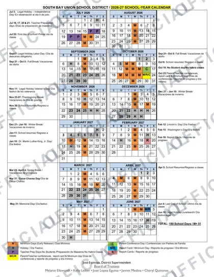 South Bay Union School District SBUSD 2026-27 calendar