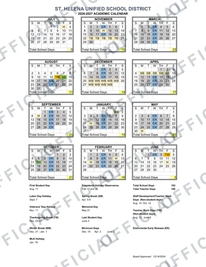 St. Helena Unified School District 2026-27 calendar