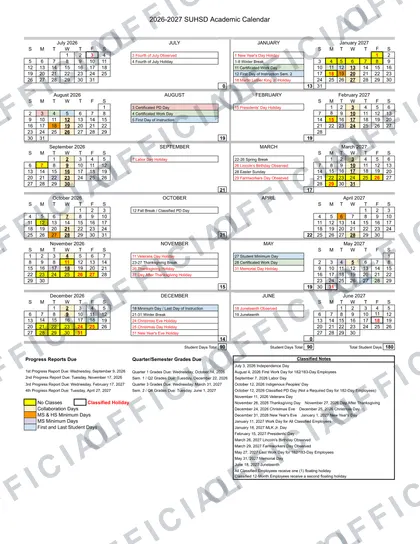 SUHSD Academic 2026-27 calendar