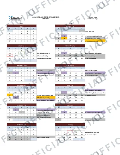 Sunnyvale School District 2026-27 calendar