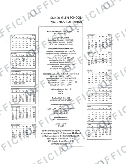 Sunol Glen School 2026-27 calendar