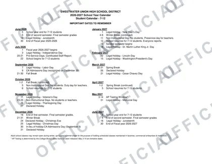 Sweetwater Union High School District 2026-27 calendar