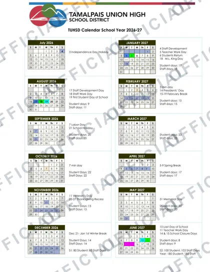 Tamalpais Union High School District TUHSD 2026-27 calendar
