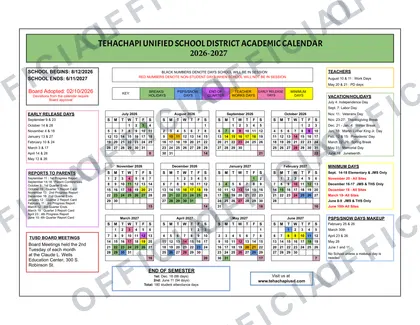 Tehachapi Unified School District USD 2026-27 calendar