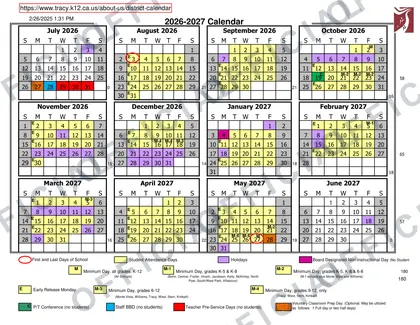 Tracy Unified School District 2026-27 calendar