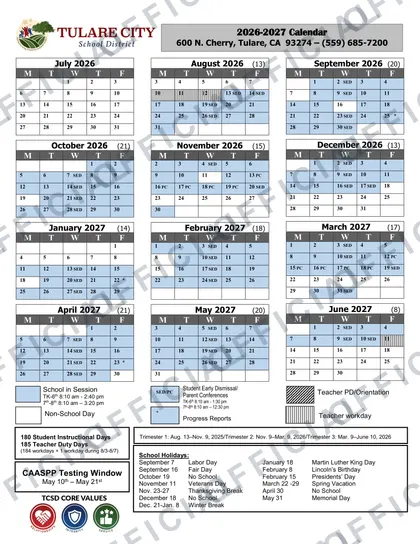 Tulare City School District 2026-27 calendar