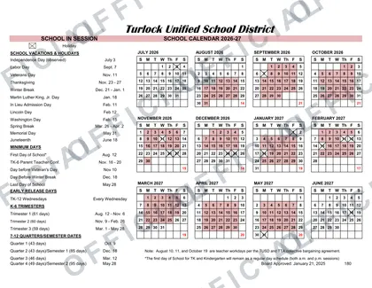 Turlock Unified School District USD 2026-27 calendar
