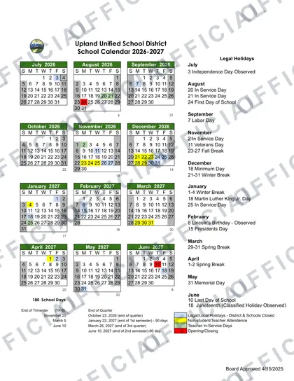 Upland USD 2026-27 calendar