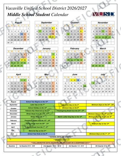 Vacaville Unified School District 2026-27 calendar