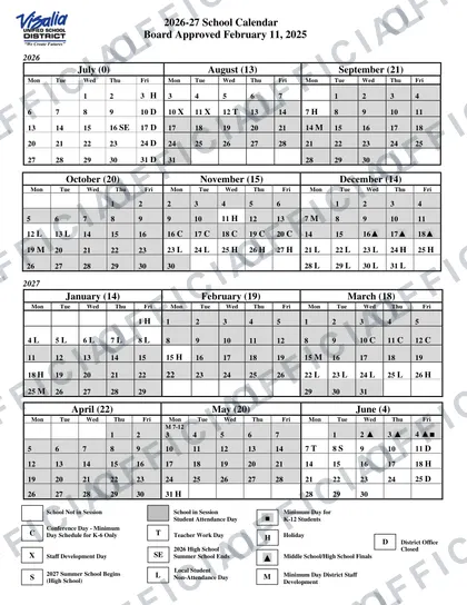 Visalia Unified School District USD 2026-27 calendar