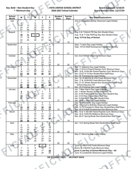Vista USD Unified School District 2026-27 calendar