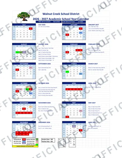 Walnut Creek School District 2026-27 calendar