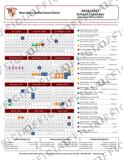 West Covina USD Calender 2026-27 calendar