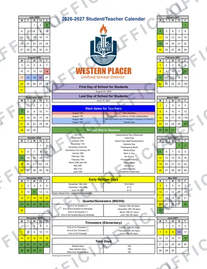 Western Placer Unified School District 2026-27 calendar