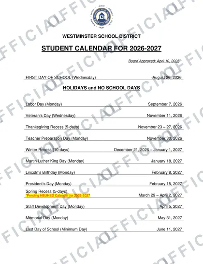 Westminster School District 2026-27 calendar