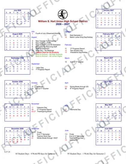 William S. Hart Union High School District USD Calender 2026-27 calendar